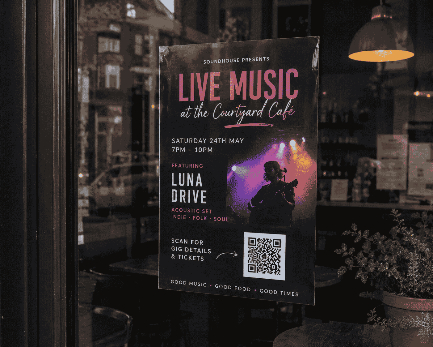 Live music event poster with a QR code