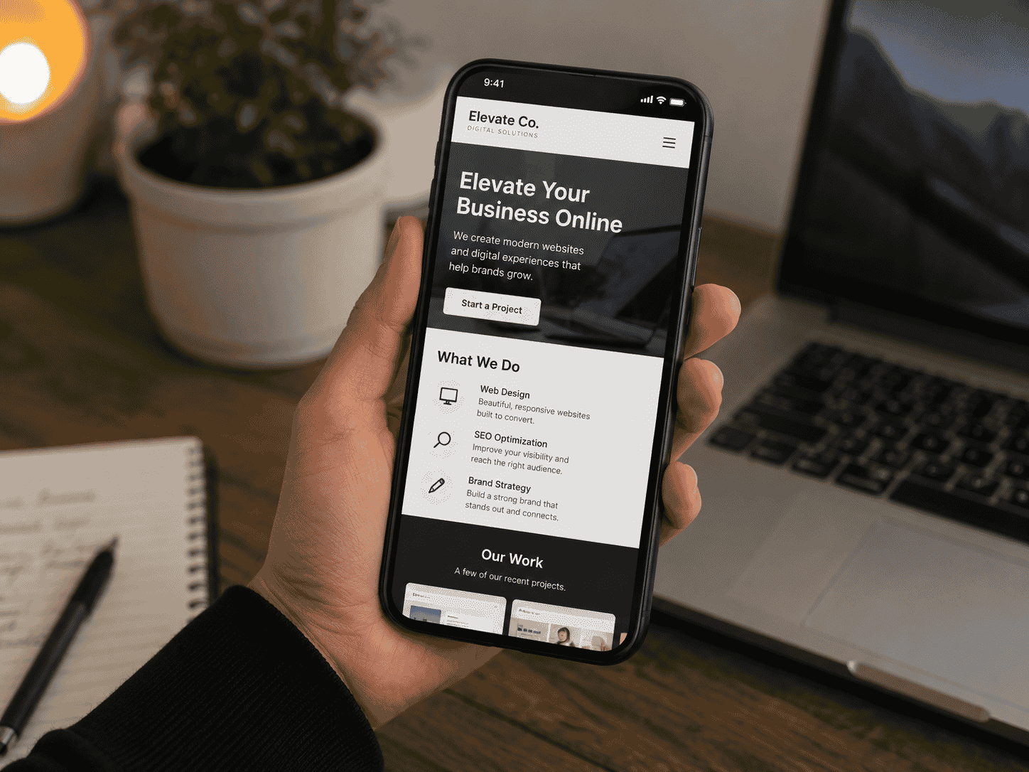 Premium multi-section business page on a phone