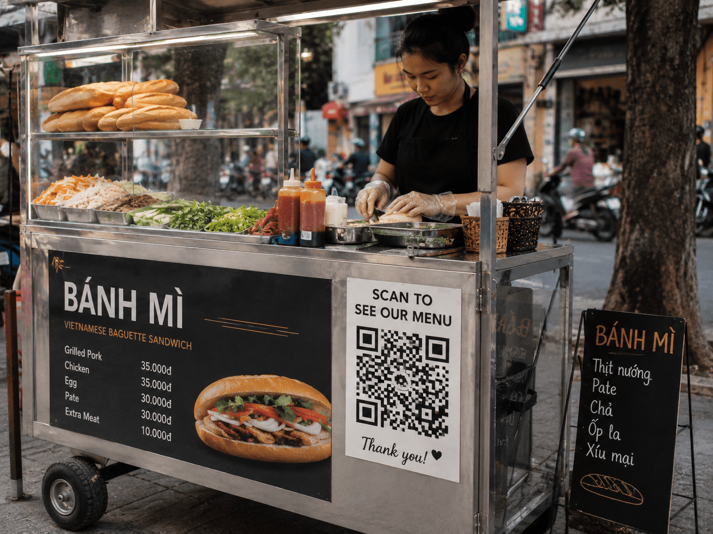 Bánh mì street food cart in Vietnam with menu prices and a scan-to-see-menu QR code sign