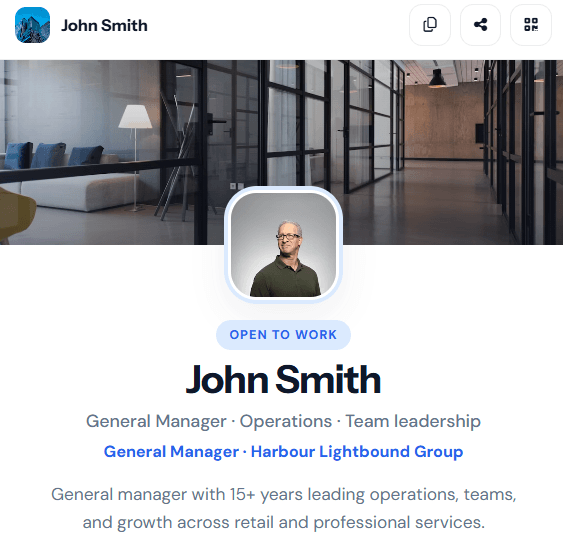 Personal profile page for a general manager with photo, bio, and open-to-work details